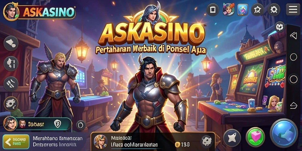 Tangkapan layar utama ASKASINO menunjukkan aksi menara mempertahankan dari gelombang musuh.
