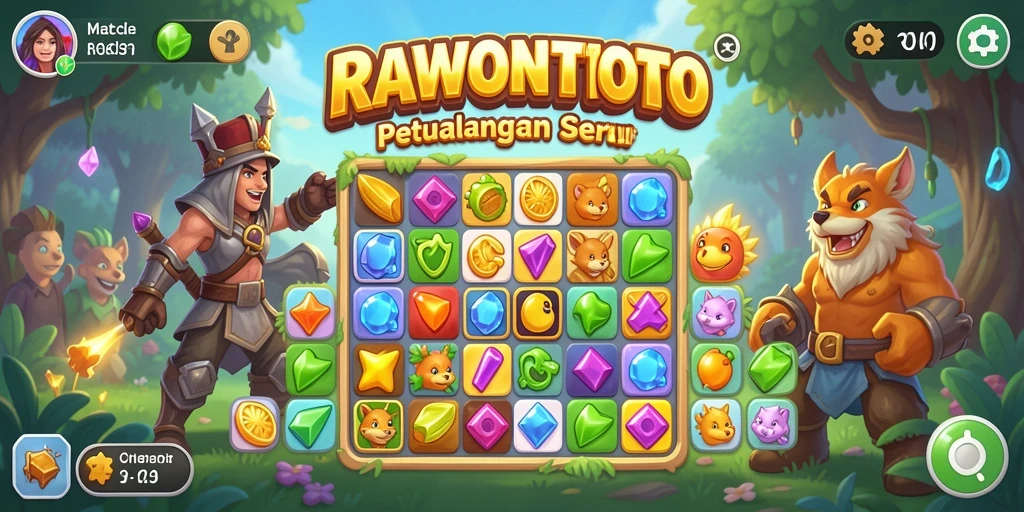 Screenshot gameplay RAWONTOTO menampilkan aksi seru dan kombinasi warna-warni dalam Match-3.